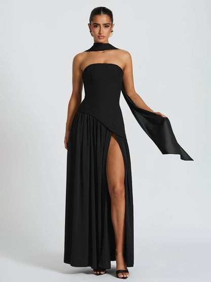 Asymmetric Design Strapless Maxi Party Dress With Scarf For Women 2026