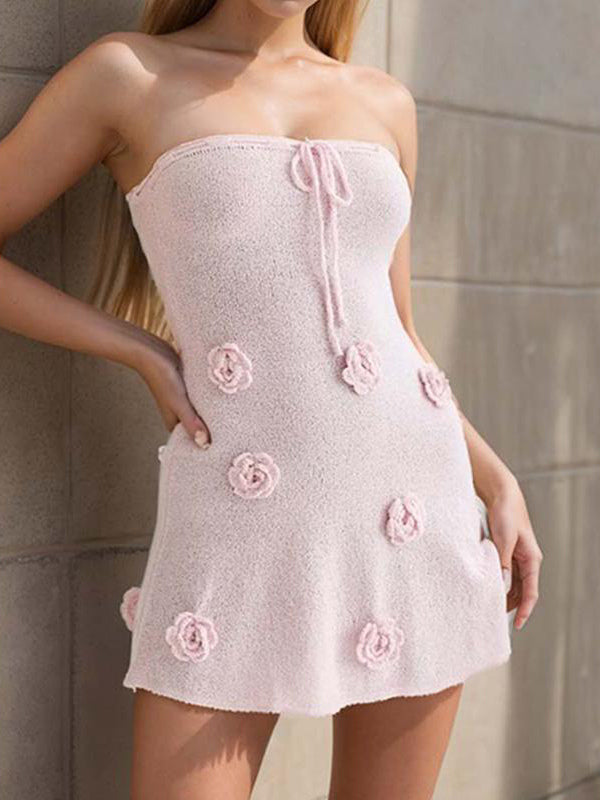 Halter Neck Knitted Mini Dress for Women - Pink 3D Flower Sleeveless Bodycon Short Dress - Summer Beach Party 2026