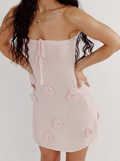 Halter Neck Knitted Mini Dress for Women - Pink 3D Flower Sleeveless Bodycon Short Dress - Summer Beach Party 2026