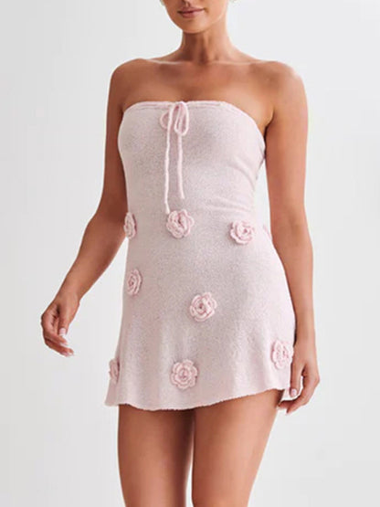 Halter Neck Knitted Mini Dress for Women - Pink 3D Flower Sleeveless Bodycon Short Dress - Summer Beach Party 2026