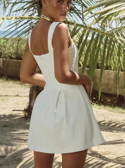 White Sleeveless A-line Flare Mini Dress For Women 2026
