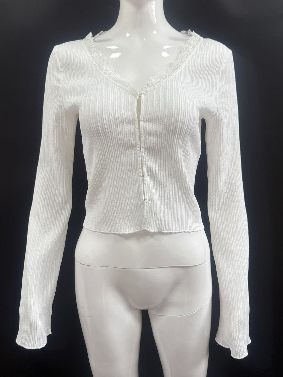 Lace Trim V Neck Ribbed Knit Top With Bell Sleeves For Women 2026