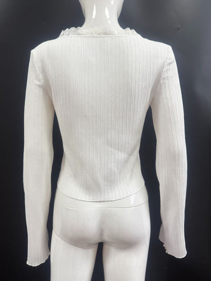 Lace Trim V Neck Ribbed Knit Top With Bell Sleeves For Women 2026