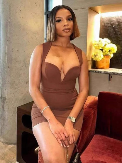 Deep V Neck Bodycon Mini Dress With Geometric Straps For Women 2026