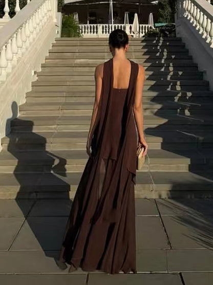 Halter Neck Layered Irregular Hem Sleeveless Maxi Dress For Women 2026