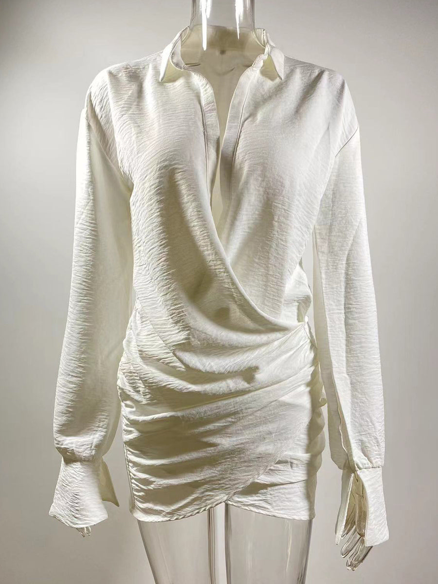Deep V Neck Long Sleeve Mini Shirt Dress For Women 2026