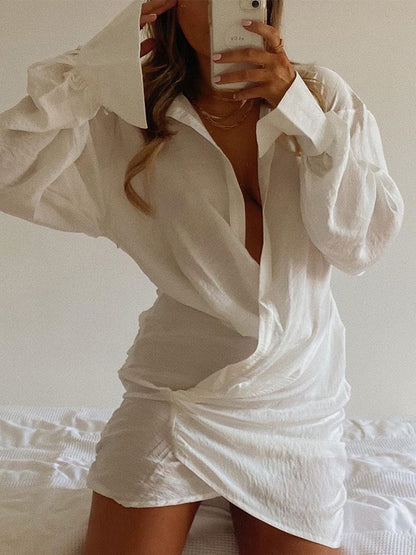 Deep V Neck Long Sleeve Mini Shirt Dress For Women 2026