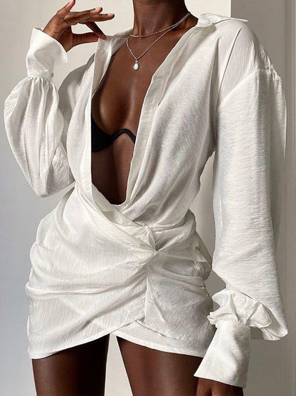 Deep V Neck Long Sleeve Mini Shirt Dress For Women 2026