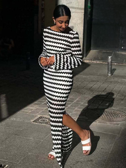 Contrast Wave Pattern Knit Long Sleeve Bodycon Maxi Dress For Women 2026