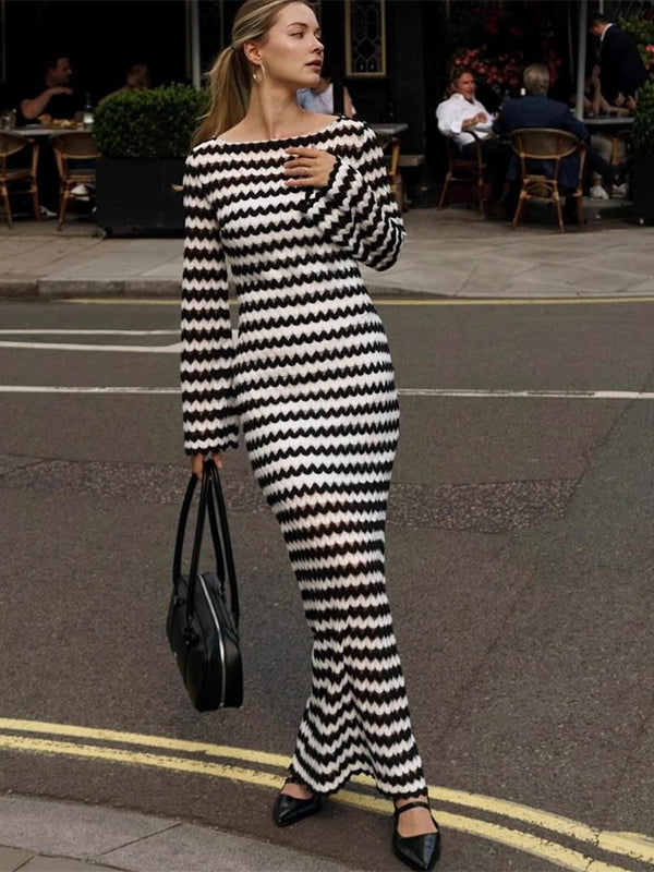 Contrast Wave Pattern Knit Long Sleeve Bodycon Maxi Dress For Women 2026
