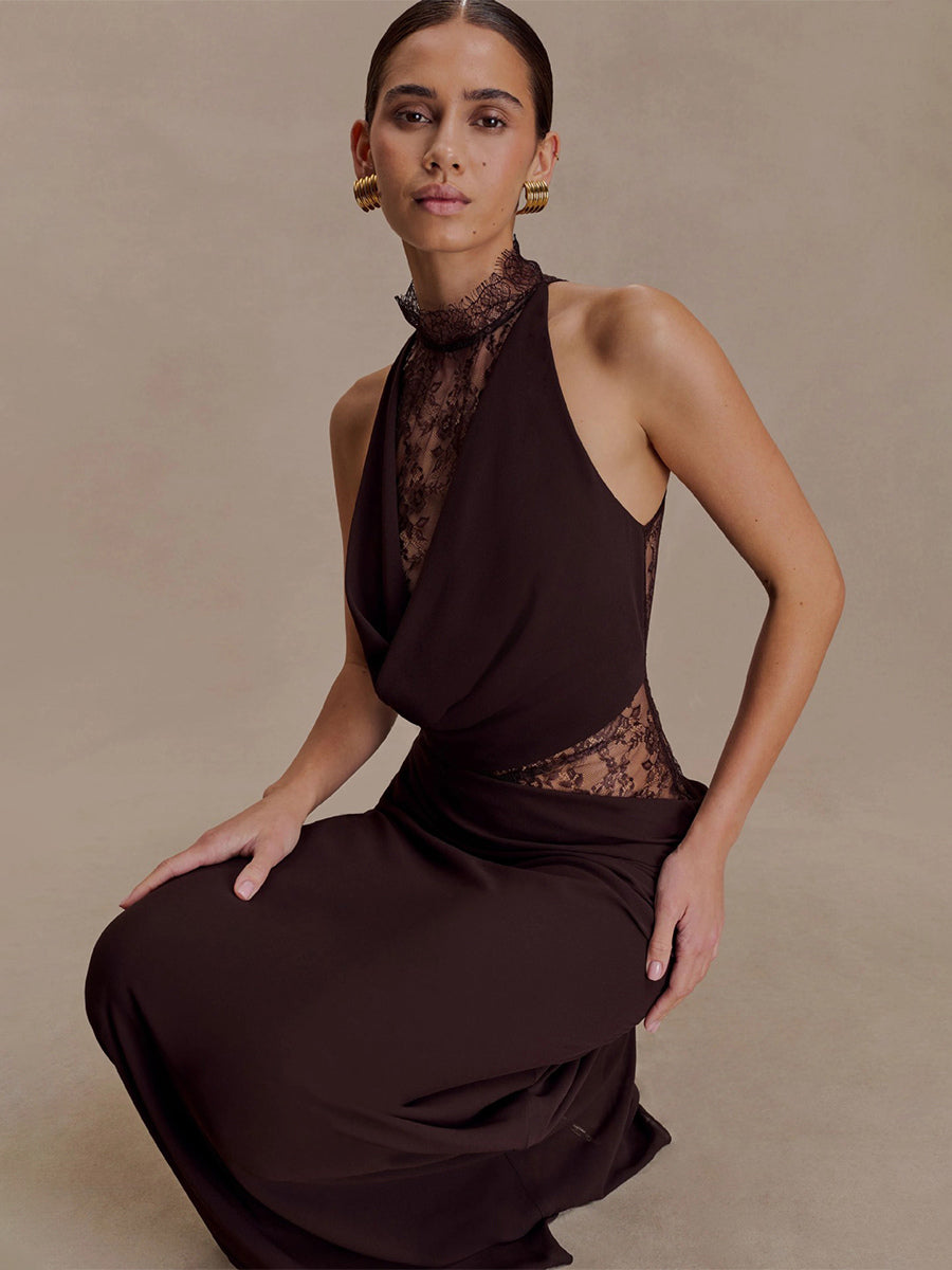 High Neck Lace Patchwork Cutout Sleeveless Maxi Bodycon Dress For Women 2026
