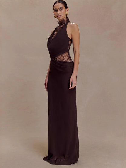 High Neck Lace Patchwork Cutout Sleeveless Maxi Bodycon Dress For Women 2026