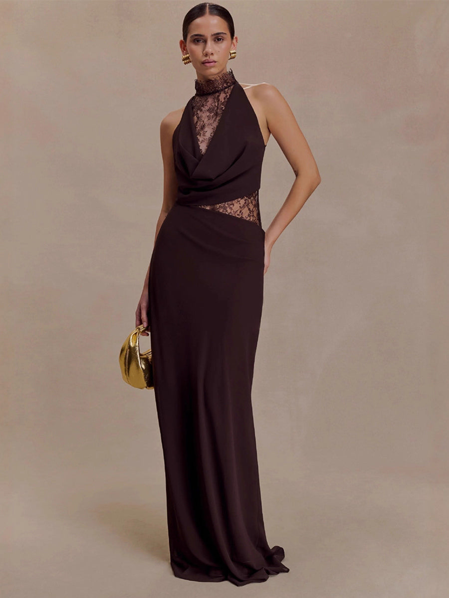 High Neck Lace Patchwork Cutout Sleeveless Maxi Bodycon Dress For Women 2026