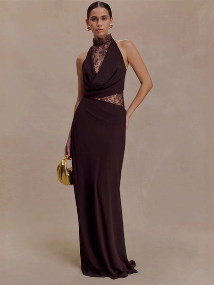 High Neck Lace Patchwork Cutout Sleeveless Maxi Bodycon Dress For Women 2026