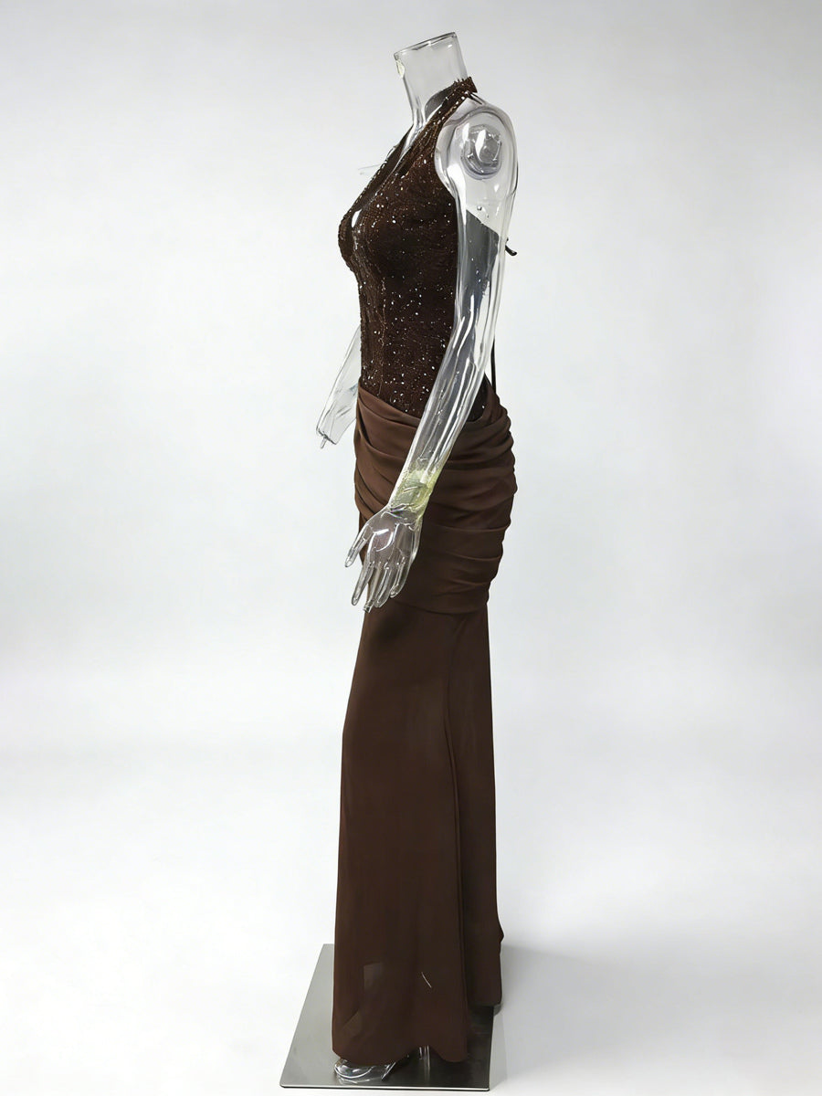 Sequined Halter Neck Mermaid Evening Gown With Ruched Waist Detail For Women 2026
