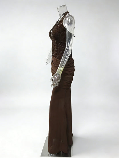 Sequined Halter Neck Mermaid Evening Gown With Ruched Waist Detail For Women 2026