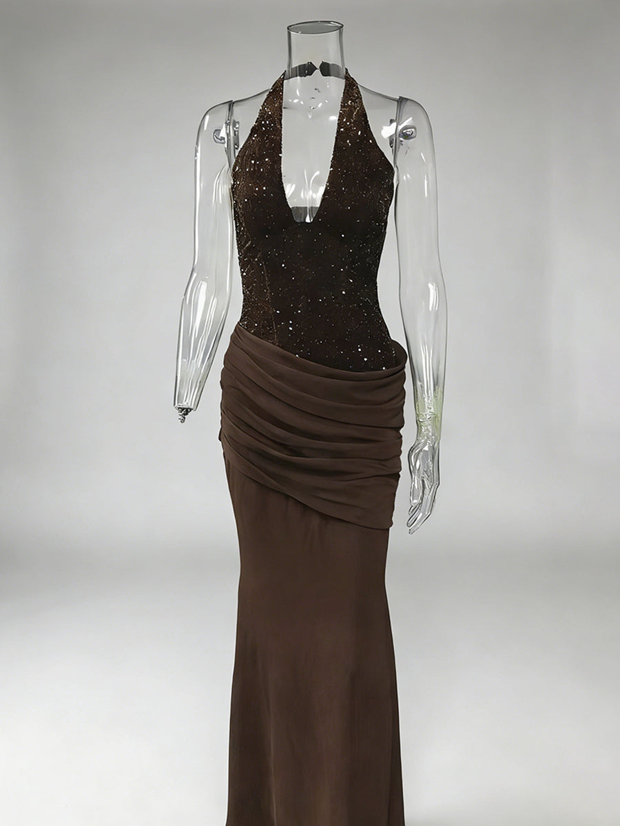 Sequined Halter Neck Mermaid Evening Gown With Ruched Waist Detail For Women 2026