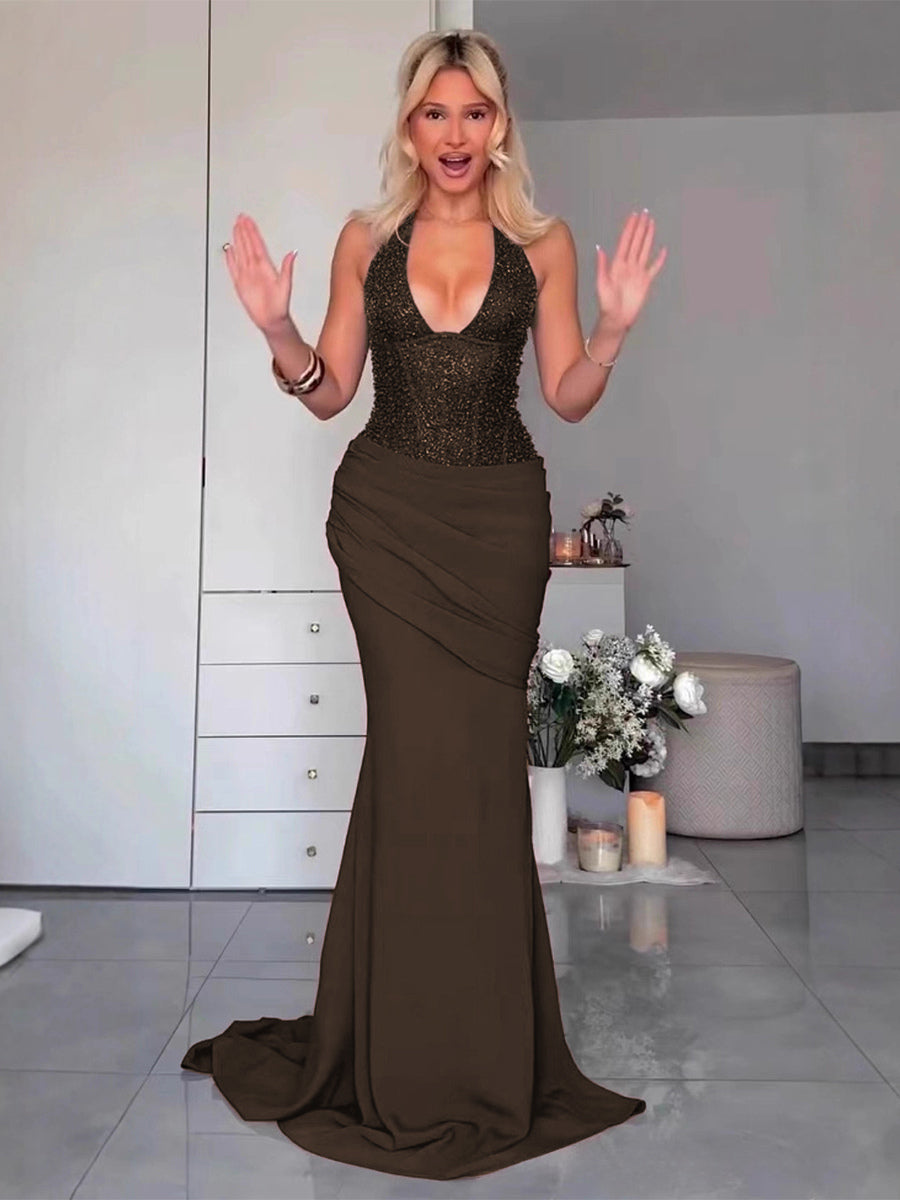Sequined Halter Neck Mermaid Evening Gown With Ruched Waist Detail For Women 2026