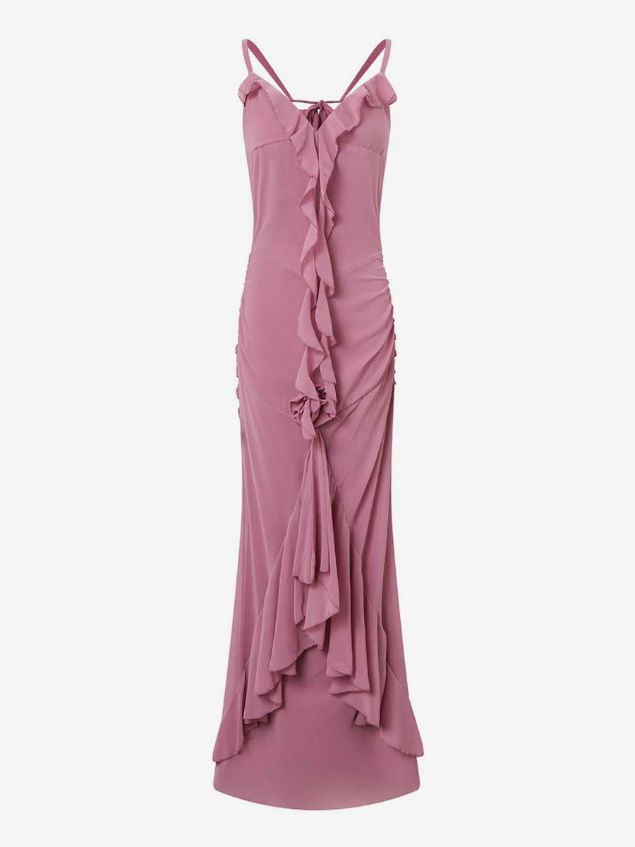 Rosette Ruffle Backless Ruched Mermaid Maxi Dress For Women 2026