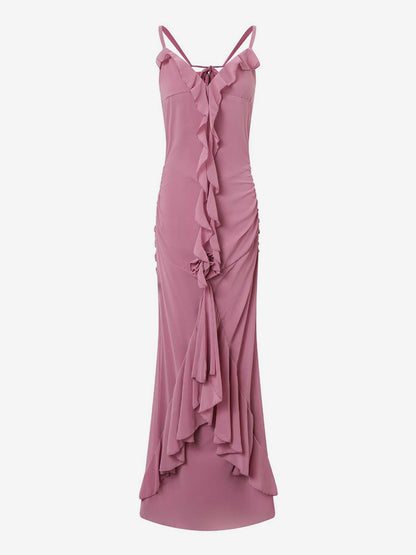 Rosette Ruffle Backless Ruched Mermaid Maxi Dress For Women 2026