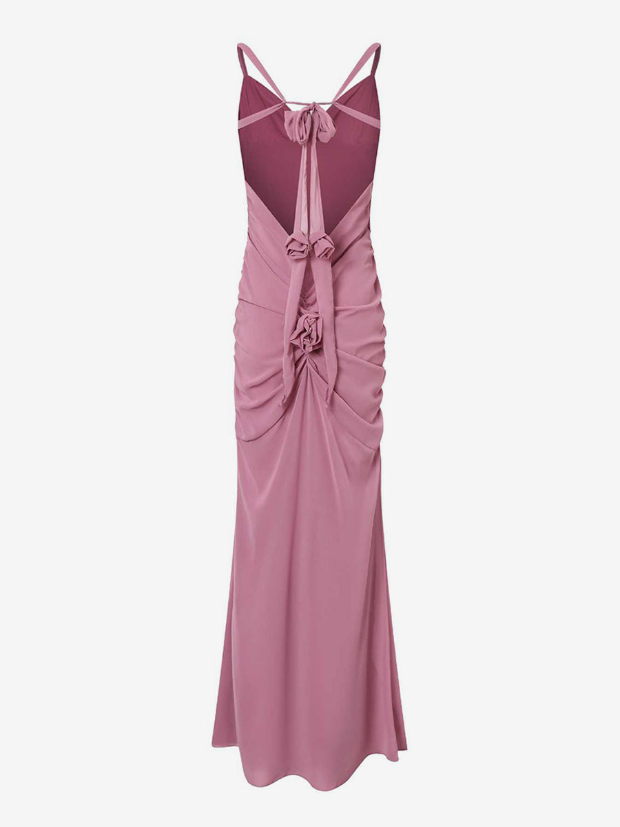 Rosette Ruffle Backless Ruched Mermaid Maxi Dress For Women 2026