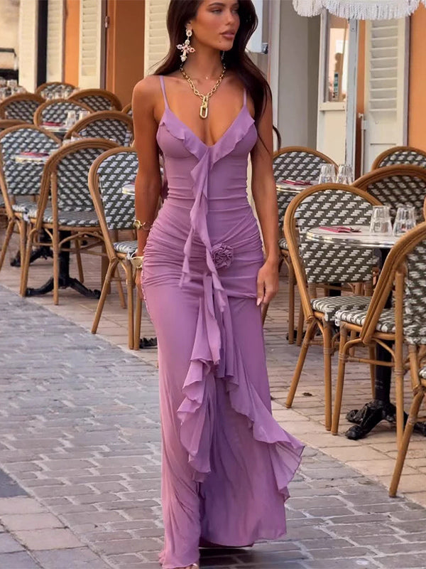 Rosette Ruffle Backless Ruched Mermaid Maxi Dress For Women 2026