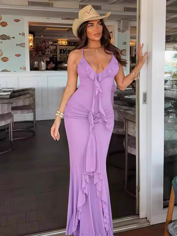 Rosette Ruffle Backless Ruched Mermaid Maxi Dress For Women 2026