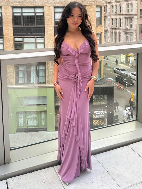 Rosette Ruffle Backless Ruched Mermaid Maxi Dress For Women 2026