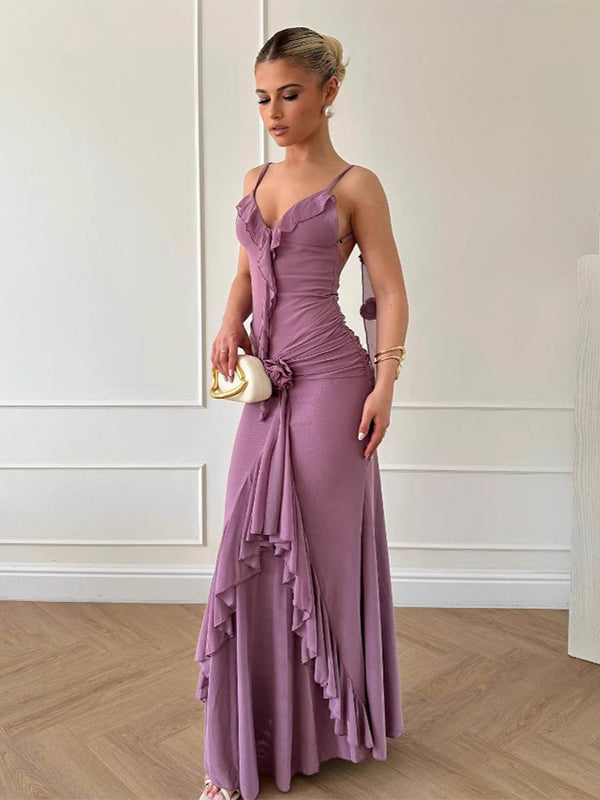 Rosette Ruffle Backless Ruched Mermaid Maxi Dress For Women 2026
