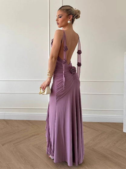 Rosette Ruffle Backless Ruched Mermaid Maxi Dress For Women 2026