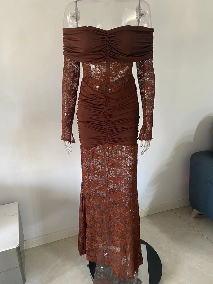Off Shoulder Ruched Lace Splicing Long Sleeve Bodycon Maxi Dress For Women 2026