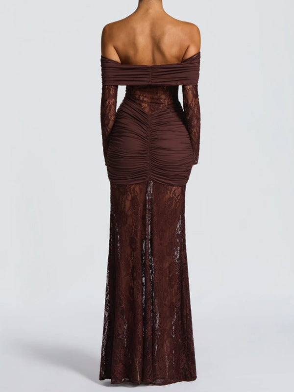 Off Shoulder Ruched Lace Splicing Long Sleeve Bodycon Maxi Dress For Women 2026