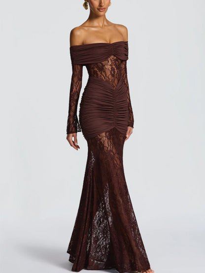 Off Shoulder Ruched Lace Splicing Long Sleeve Bodycon Maxi Dress For Women 2026