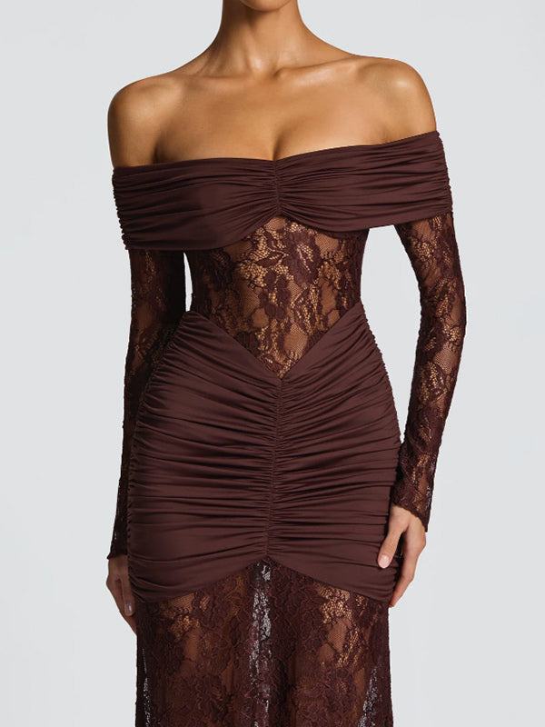 Off Shoulder Ruched Lace Splicing Long Sleeve Bodycon Maxi Dress For Women 2026