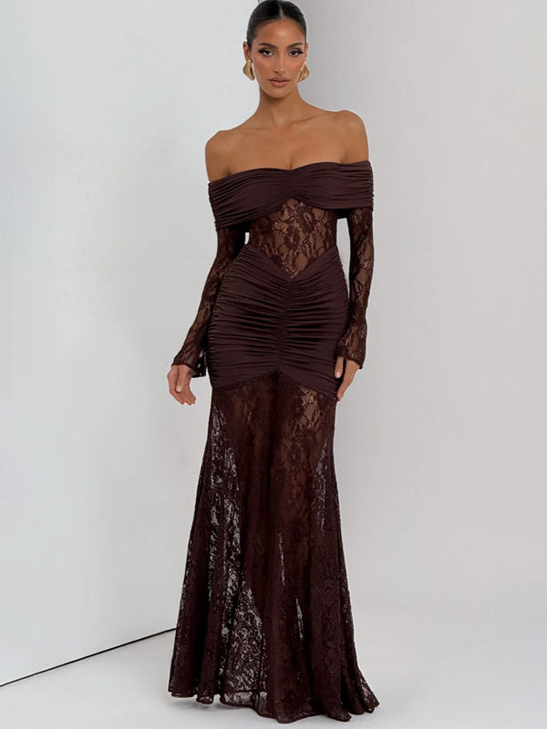 Off Shoulder Ruched Lace Splicing Long Sleeve Bodycon Maxi Dress For Women 2026