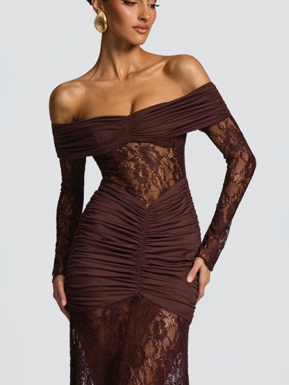 Off Shoulder Ruched Lace Splicing Long Sleeve Bodycon Maxi Dress For Women 2026