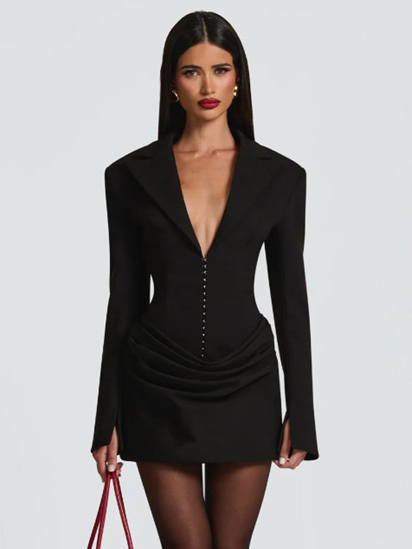 Notched Lapel Ruched Long Sleeve Bodycon Blazer Mini Dress For Women 2026