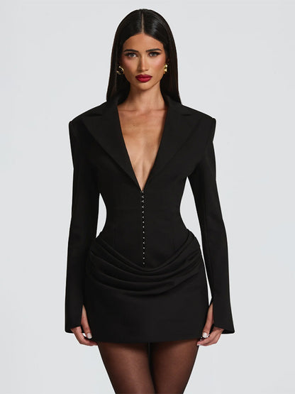Notched Lapel Ruched Long Sleeve Bodycon Blazer Mini Dress For Women 2026