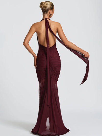Deep V-Neck Halter Ruched Bodycon Maxi Party Dress For Women 2026
