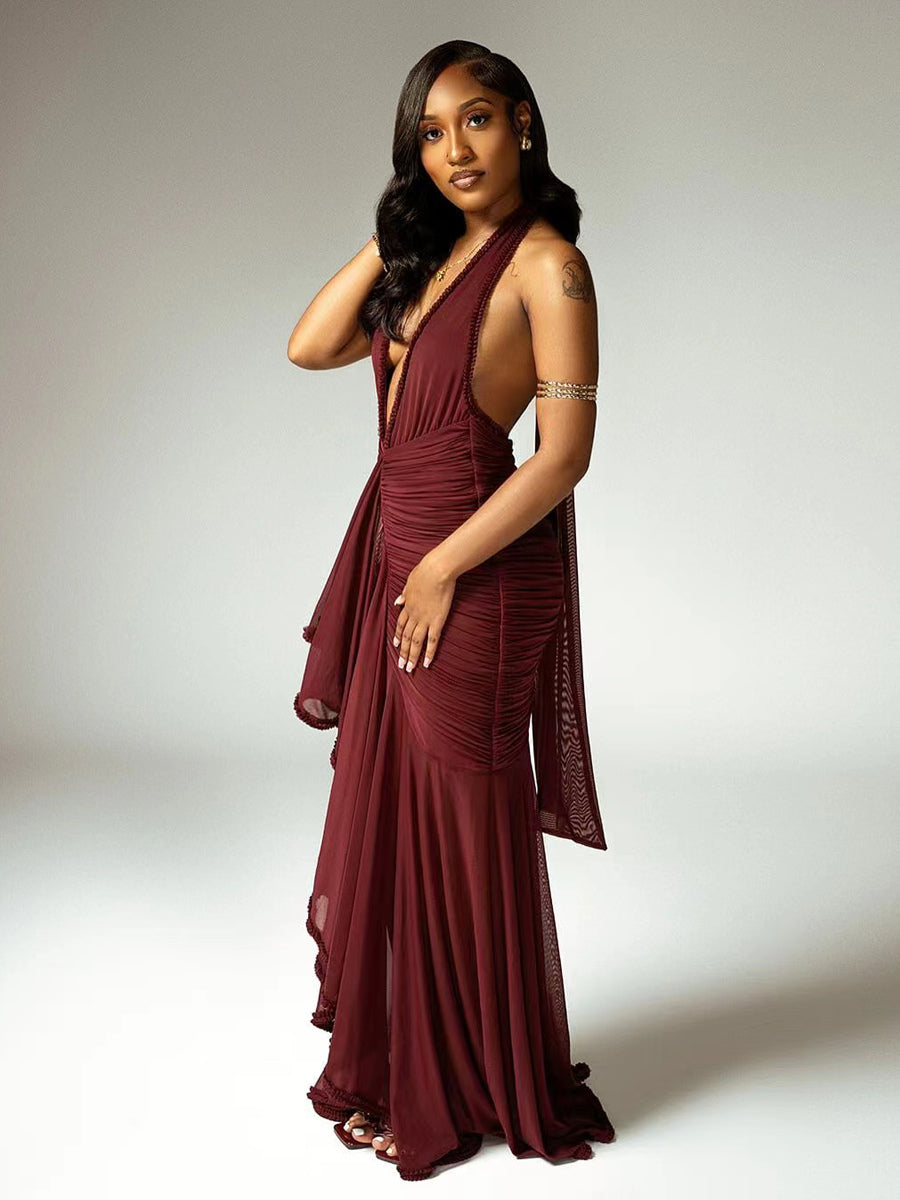 Deep V-Neck Halter Ruched Bodycon Maxi Party Dress For Women 2026