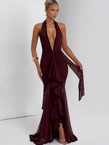 Deep V-Neck Halter Ruched Bodycon Maxi Party Dress For Women 2026