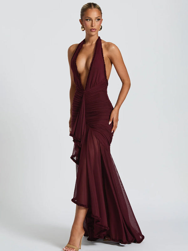 Deep V-Neck Halter Ruched Bodycon Maxi Party Dress For Women 2026