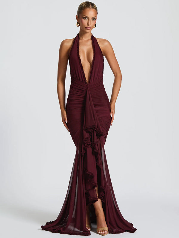 Deep V-Neck Halter Ruched Bodycon Maxi Party Dress For Women 2026