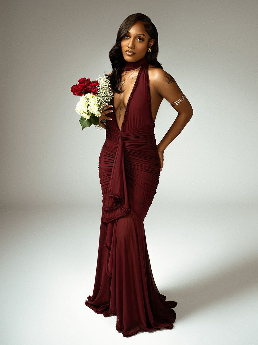 Deep V-Neck Halter Ruched Bodycon Maxi Party Dress For Women 2026