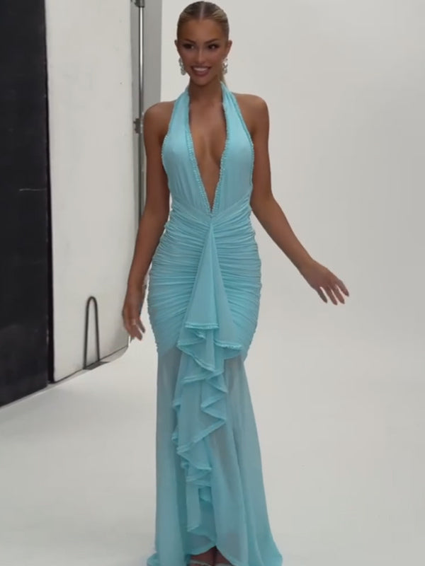 Deep V-Neck Halter Ruched Bodycon Maxi Party Dress For Women 2026