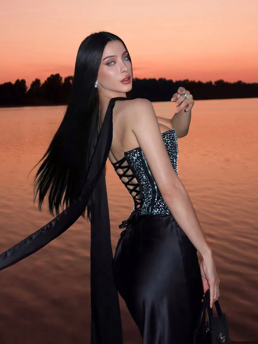 Rhinestone Lace Up Back Corset And Long Skirt Party 2-Piece Set For Women 2026