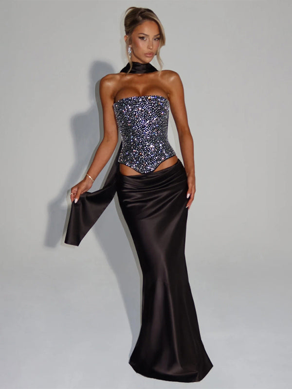 Rhinestone Lace Up Back Corset And Long Skirt Party 2-Piece Set For Women 2026