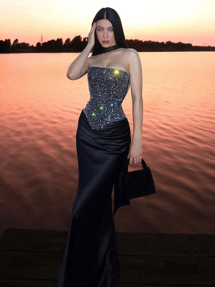 Rhinestone Lace Up Back Corset And Long Skirt Party 2-Piece Set For Women 2026