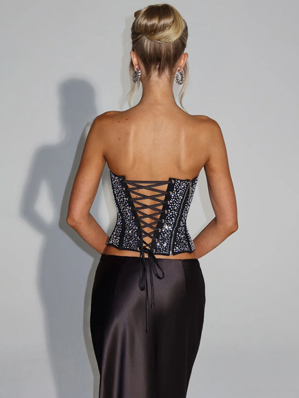Rhinestone Lace Up Back Corset And Long Skirt Party 2-Piece Set For Women 2026