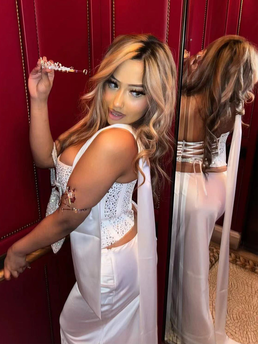 Rhinestone Lace Up Back Corset And Long Skirt Party 2-Piece Set For Women 2026